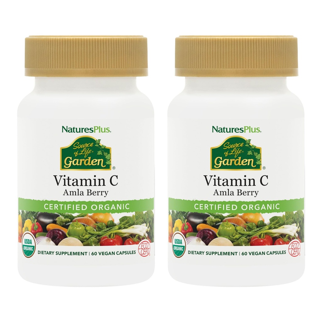 NaturesPlus Kilde til Liv Garden Vitamin C - 60 Vegan Capsules, Pakke med 2 - Immunsystem Støtte - sertifisert organisk, ikke-GMO, Glutenfri - 60 Total Tjenester