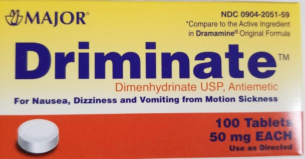 Major Driminat® Dimenhydrinat 50 mg 100 Ct for kvalme, svimmelhet og merksomhet fra bevegelsessykhet