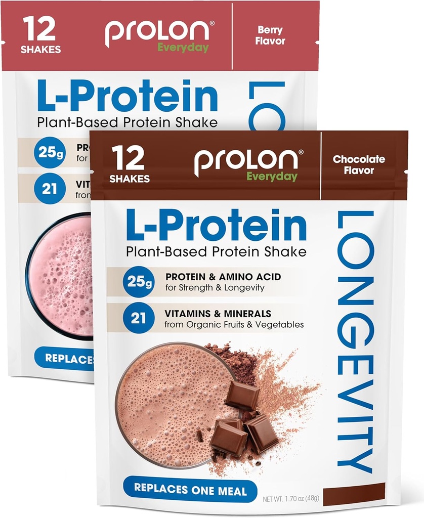 Prolon Longevity Plante Basert Proteinpulver | Muskelsyntese & Repair, Sunn aldring, Økt ytelse | Vitaminer, Glutenfri, Aminosyrer | 25g protein | Sjokolade og berry, 24 pakker
