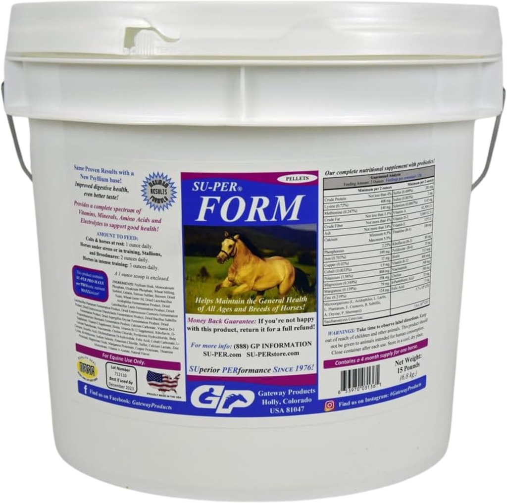 SU-PER Form Horse Vitaminer og mineraler Pellets - Næringstilskudd med probiotika - Vitaminer, Mineraler, Aminosyrer og elektrolyter - Hjelper opprettholde generell helse - 15 pund, 4 måneders forsyning