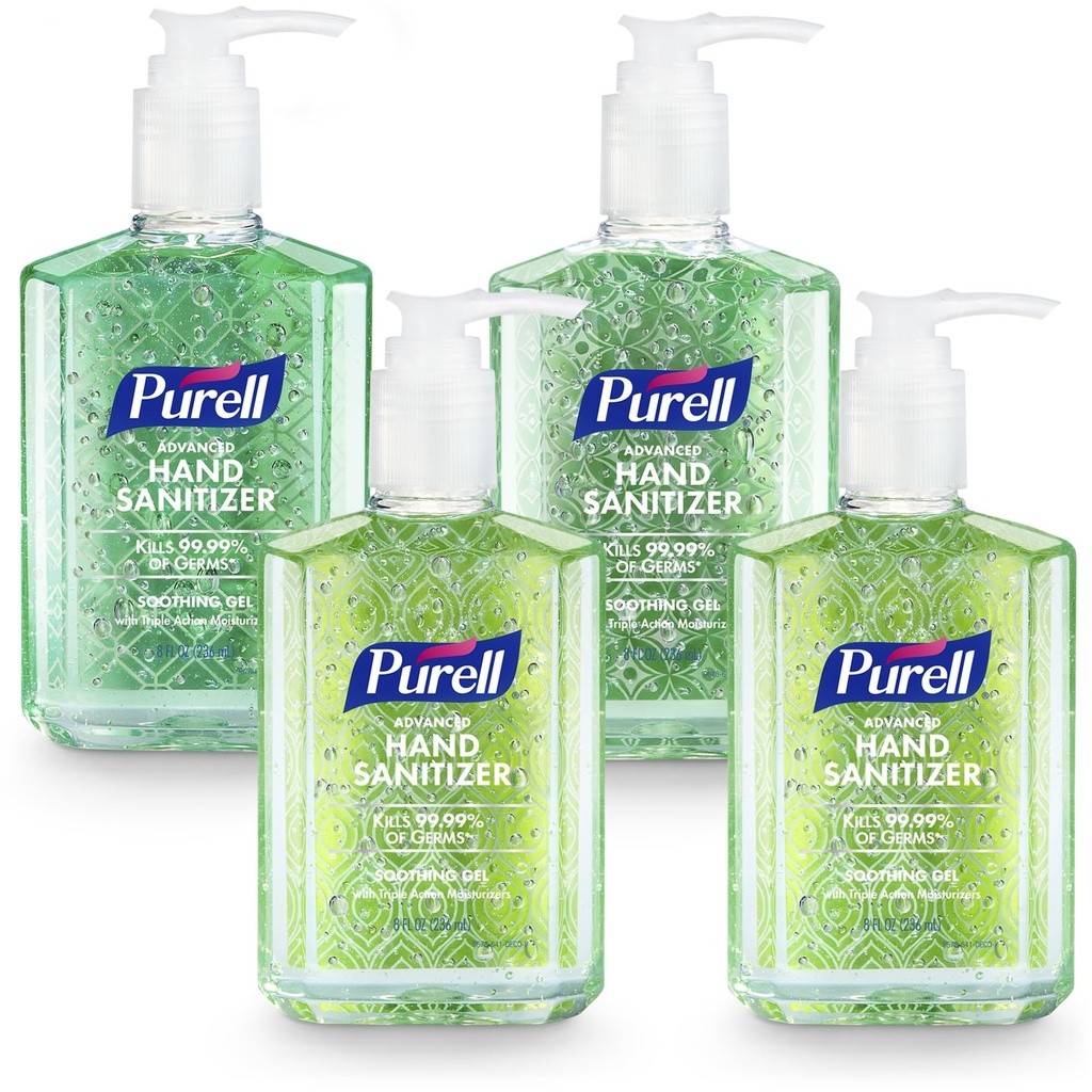 PURELL Advanced Hand Sanitizer Soothing Gel, Frisk Scent, 8 fl oz pumpeflaske (pakke av 4), 9674-06-ECDECO