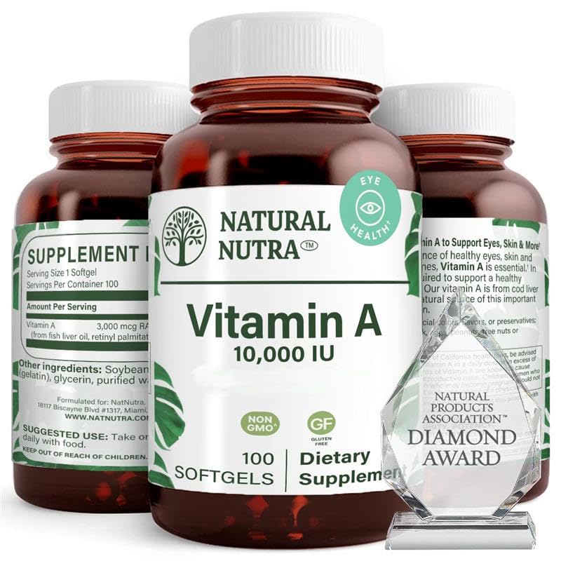 Naturlig Nutra Vitamin A 10 000 IU Softgels – høy potensøye og hudvitaminer – Glutenfri - Supplement for Sight & hud helse – Fisk leverolje for menn og kvinner, Glutenfri 250 Softgels (2 pakke)