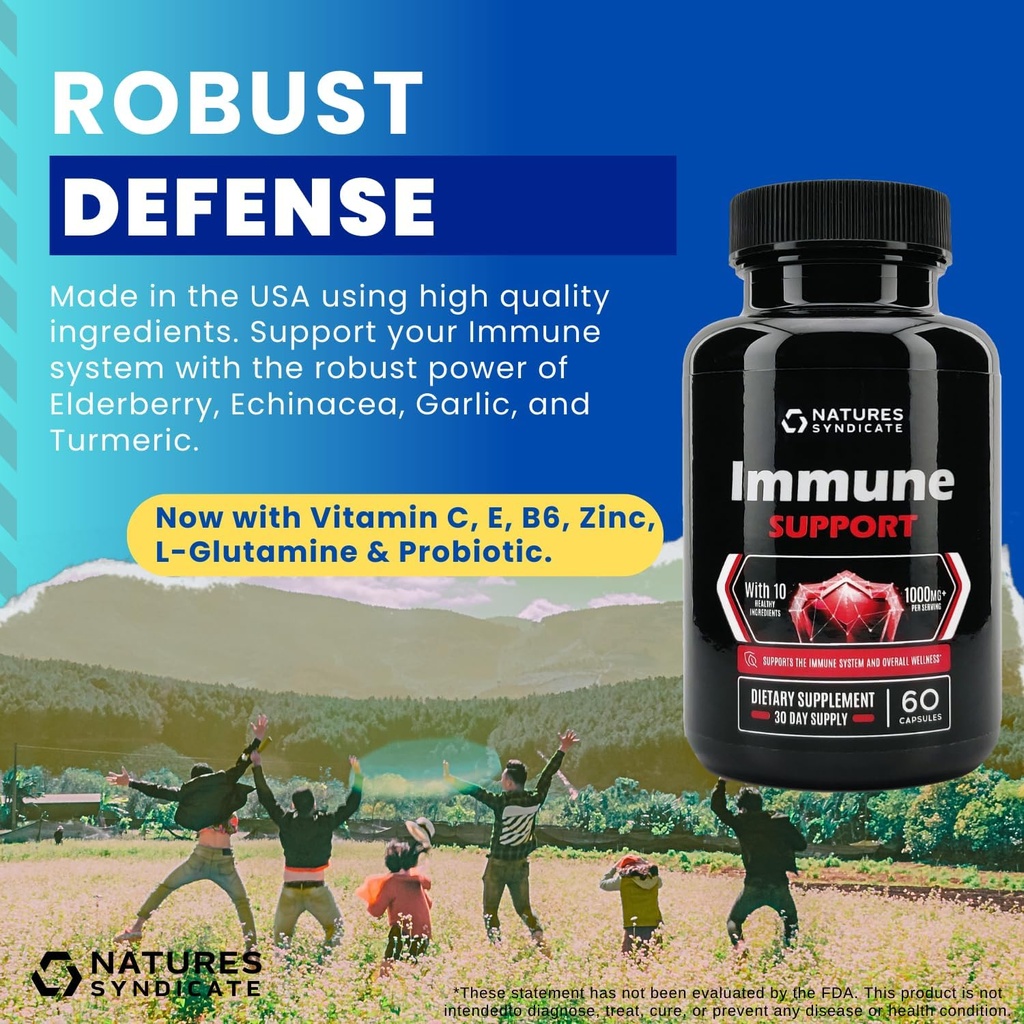 Immunsupport Supplement - 10-i-1 med Echinacea, eldrebær, hvitløk, gurkemeie med sink, vitamin C, E, B6 & L-Glutamin, 4,8 milliarder CFU Probiotic for voksne