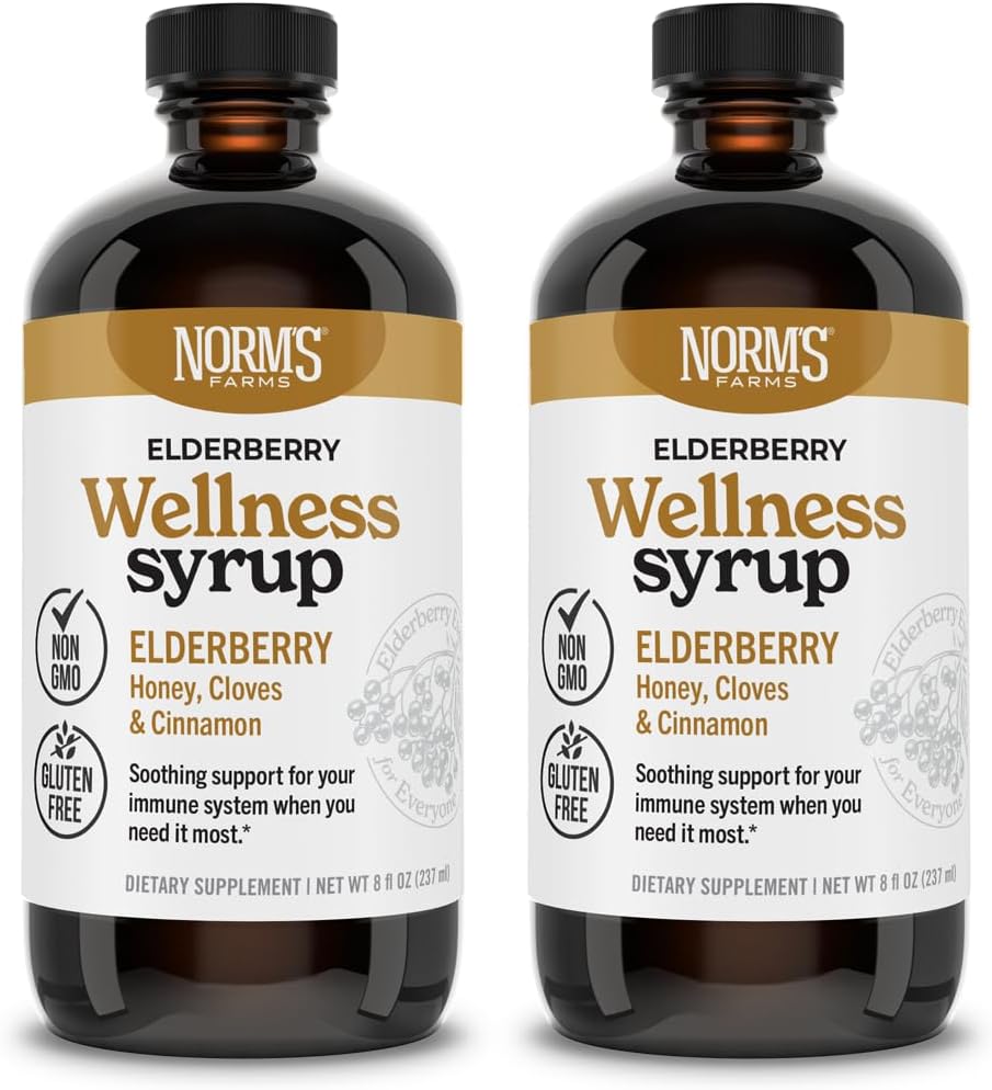 Norm's Farms Velvære Svart Elderbær Syrup med Honning, Cinnamon & Cloves - laget i USA, Natural Immune Support, Ingen alkohol eller Fyllere, Glutenfri, Ikke-GMO, Vegansk, Ren Elderberry Syrup - 2PK 8 Oz