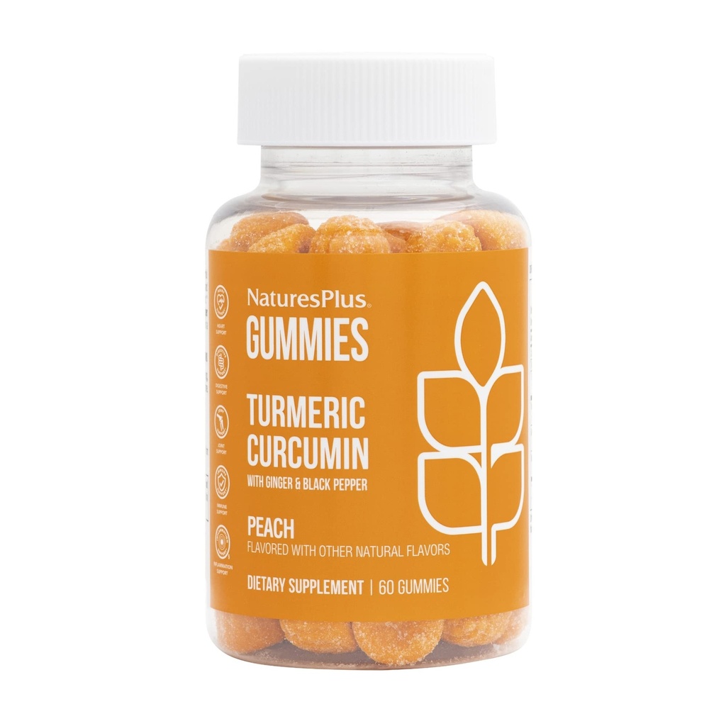NaturesPlus Gummies Turmeric Curcumin - 60 Gummies, Peach - Støtter felles, Digestiv & Cardiovaskulær Helse - Vegan, Glutenfri, Ikke-GMO - 30 Services