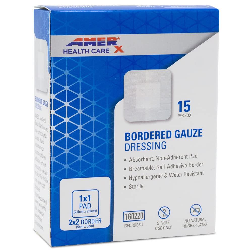 2" x 2" Dressing (1x1 Pad) AMERX Bordered Gauze - klesmerke bandasjer - Vannbestandig barriere - Selvklebende grense - pustende, hypoallergenisk - 15 pads per boks