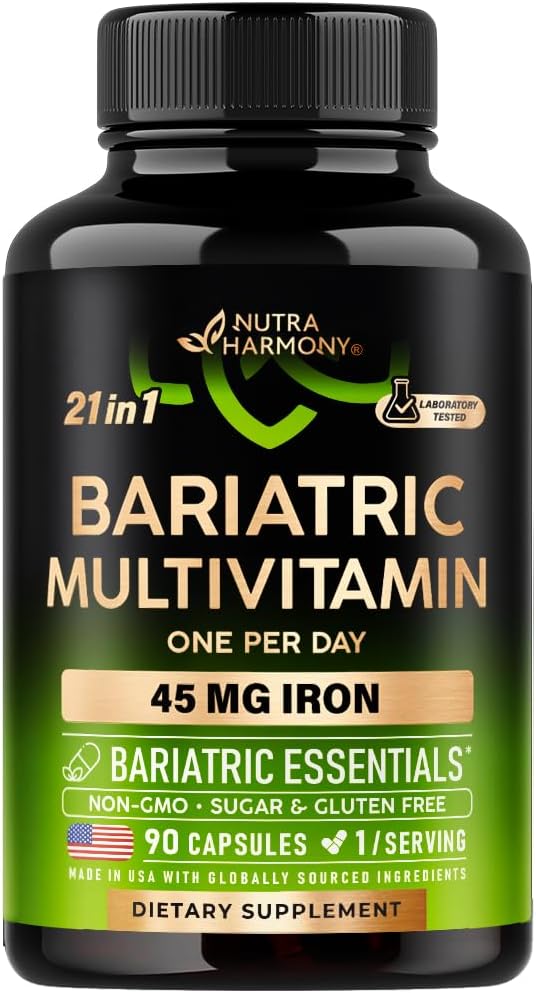 NUTRAHARMONY Bariatric Multivitamin - 45 mg jern kosttilskudd - laget i USA - for kvinner og menn - alt-i-ett, 21 essensielle vitaminer - Gastrisk erme støtte - lys tropisk flavor - 90 kapsler