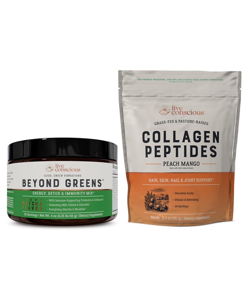Levende bevisst Beyond Greens & Collage Peptides Peach Mangoõ Mushroom Coffee alternativ lav koffein + hår, hud, negle og felles støtte