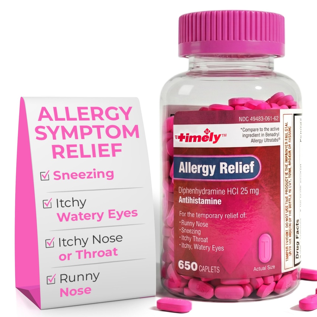 Tidlig Allergy Relief Diphenhydramine HCl 25 mg - 650 kapell - Sammenlignet med Benadryl Allergy Ultratab - Antihistamin - Allergy Medisin - Runny Nose Relief for voksne - Vannige øyne Behandling