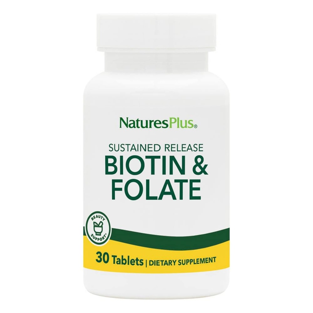 Natures Plus Biotin & Folinsyre (Metylfolat), frigjøring - 30 vegetariske tabletter - vitamin B7 & vitamin B9, støtter hårvekst, energiforsterker, prenatal vitamin - Glutenfri - 30 Services
