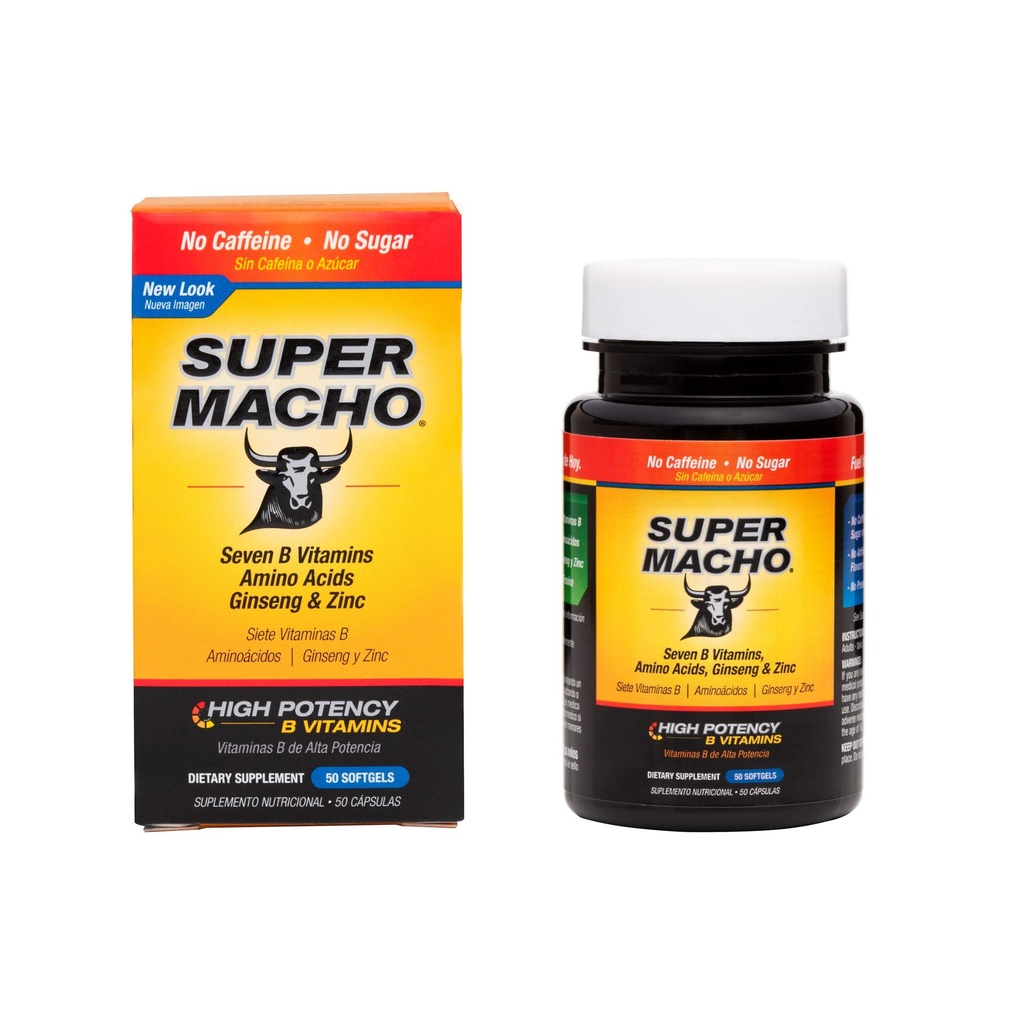 Super Macho Dietary Supplement med høy potens sink & 7 B vitaminer, ingen konserveringsmidler, sukker eller kaffe, laget i USA, 50 Softgels (1 pakke)