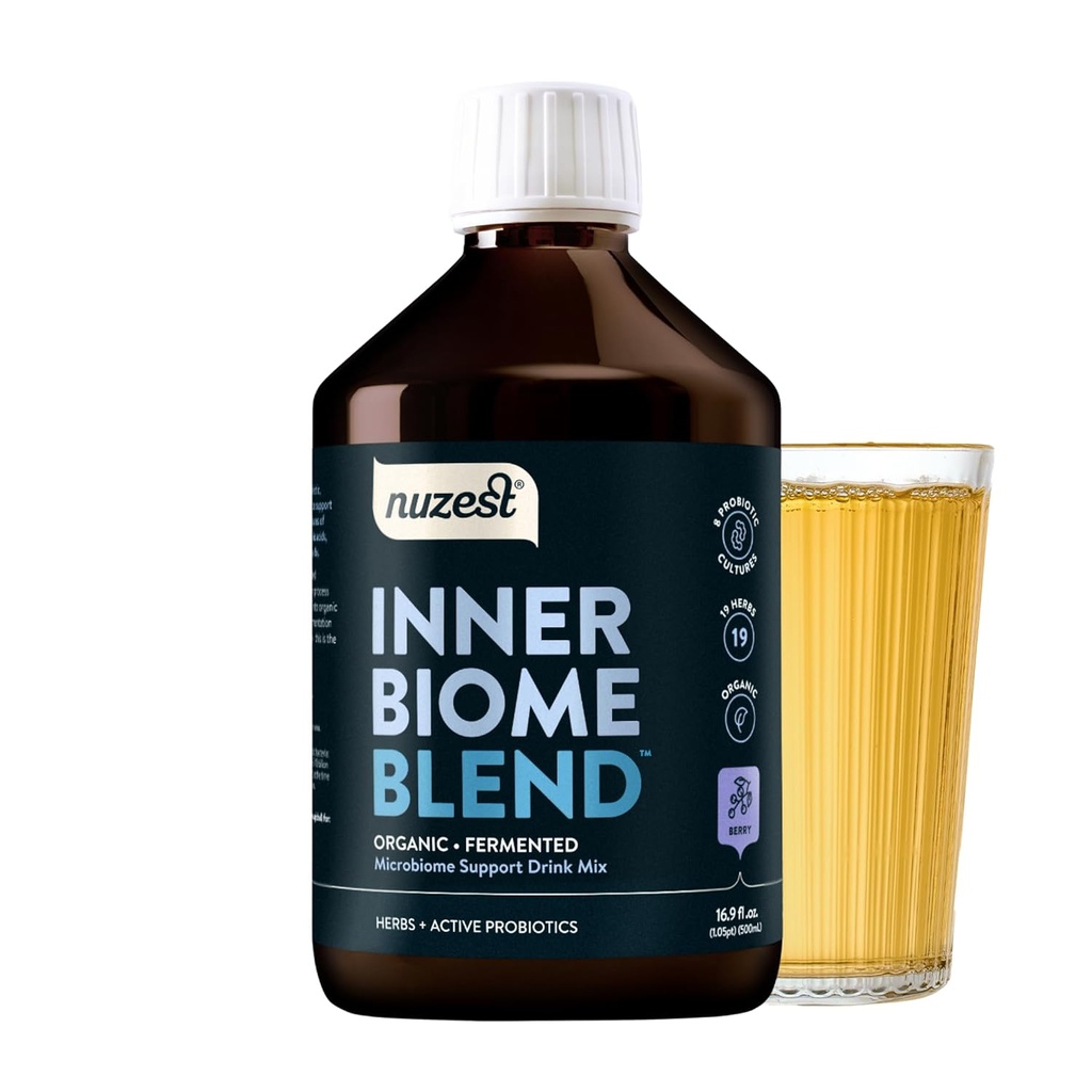 Nuzest - Inner Biome Blend - Prebiotic, Probiotic & Postbiotic Liquid Drink Mix - Microbiom Support - 8 Mikrobiotiske kulturer, 19 Fermented Herbs - Vegan - Organic - Berry Flavour - 16,9 fl.oz / 500ml