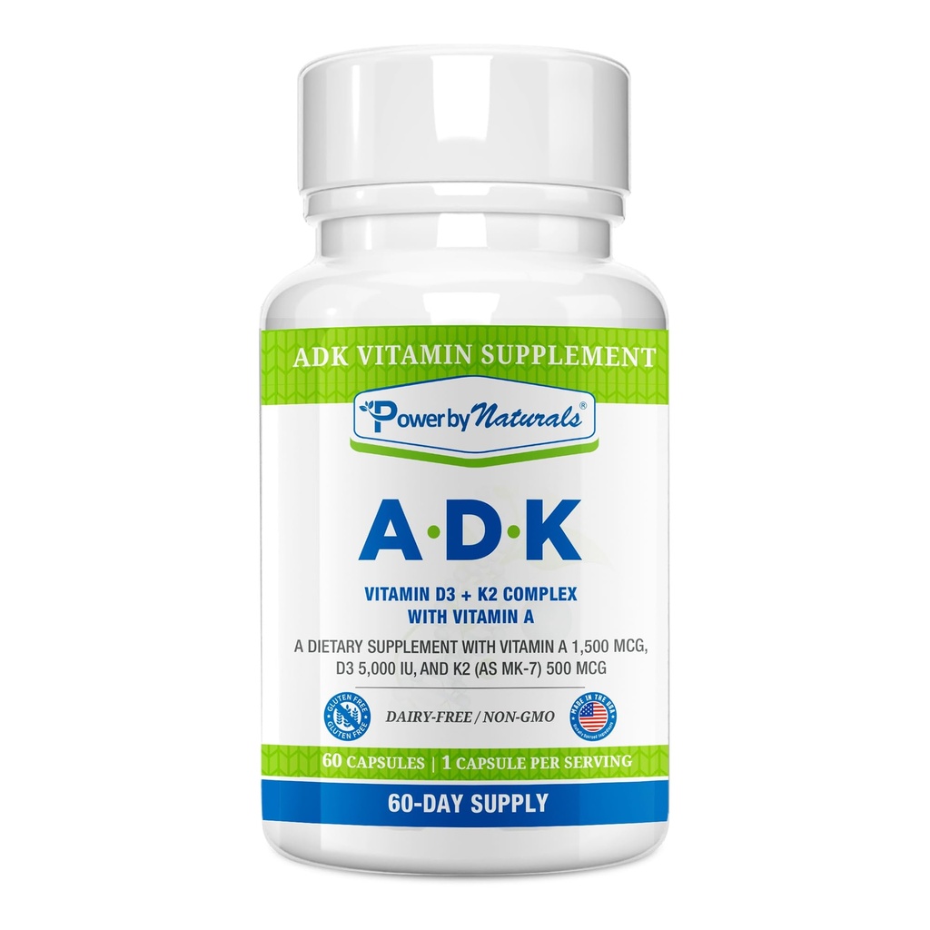 Power by Naturals ADK Vitamin Supplement - høy styrke blanding av VIT A D3 K2 vitamin 5000 iu - støtte bein, hjerte og immun helse - 60 kapsler (2 måneders forsyning)