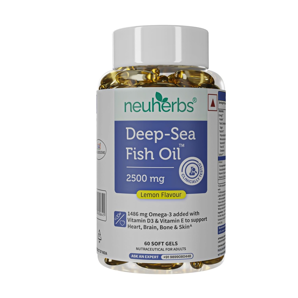 Neuherbs Deep Sea Fish Oil (60 Softgels) Omega 3 Supplement Triple Styrke 2500 Mg for muskler, ledd, hjerte og kognitiv støtte | Ingen fiskelig Burps med sitron flavour for menn og kvinner | (pakke med 1)