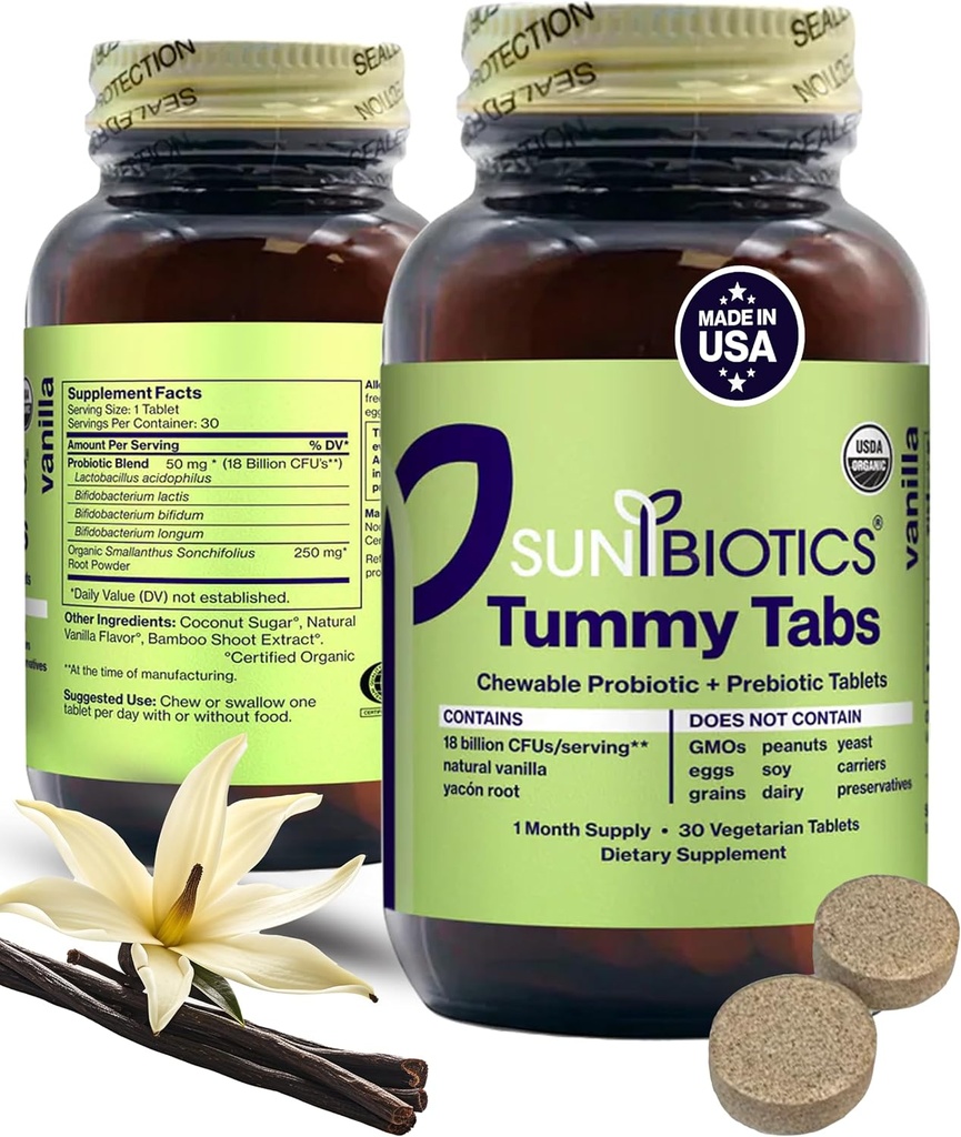 SUNBIOTICS Tummy Tabs - Chewable Probiotic og Prebiotic Tabletter med 18 milliarder CFUs av 4 Probiotic Strains for god Gut Flora, immunsystem, og balansert mikrobiom - Vanilla, (pakke med 1)