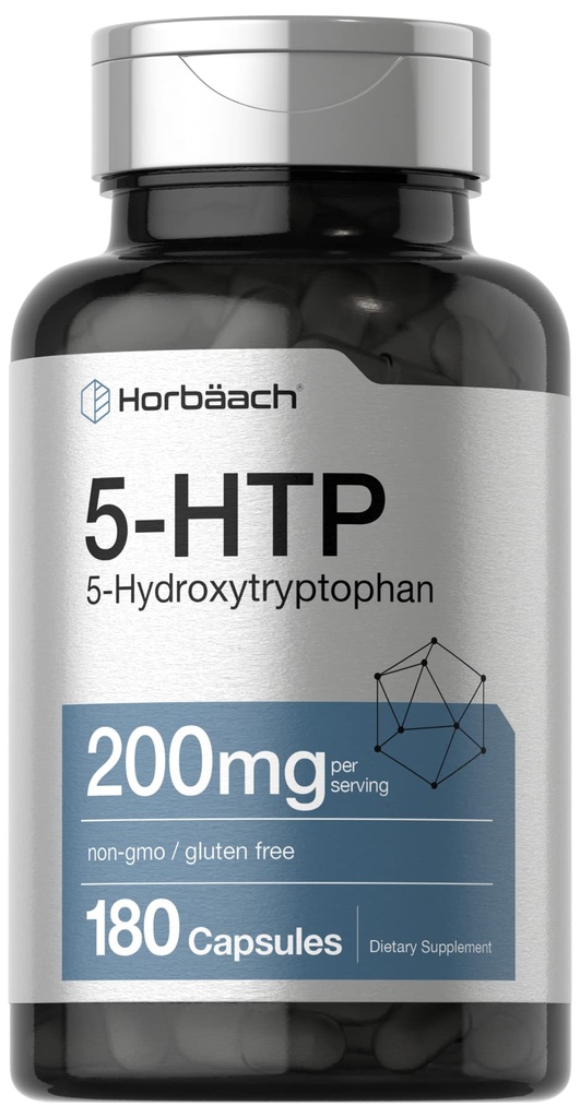 Horbäach 5HTP 200 mg Supplement | 180 kapsler | 5 Hydroxytryptophan | Griffonia Simplicifolia | Ekstra styrke | Ikke-GMO, Glutenfri