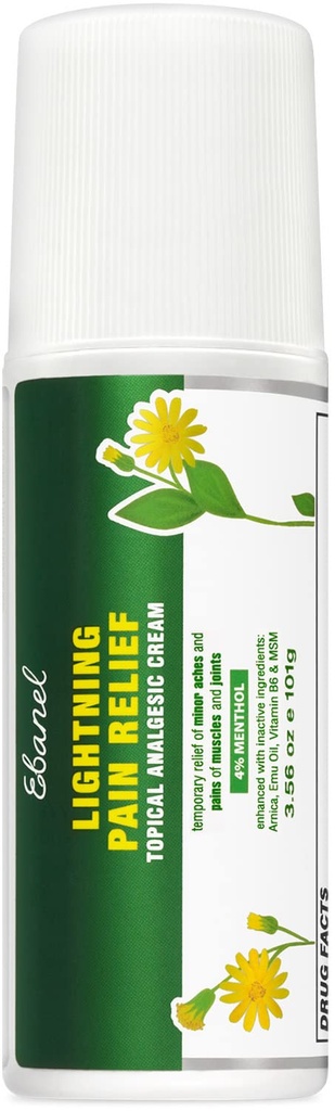 Ebanel smerte lindring Roll on for ledgikt, fot, rygg, ledd, hals, strimler og sprainer med menthol, Camphor, Arnica, emu olje, MSM, Boswellia, målrettet muskel smerte relief Roll on