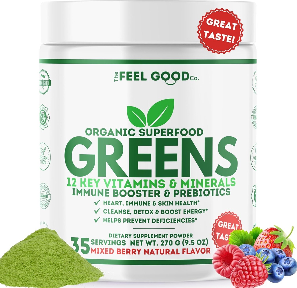 The Feel Good Super Greens Powder - Økologisk Grønn Juice, Hvit Grass Ingen Tillagt Sukker, Spirulina, Klorella, Probiotika, Digestive Enzyme, Antioksidant Rich, Immunitet Boost Green Superfood, 35 SVG, Daglig