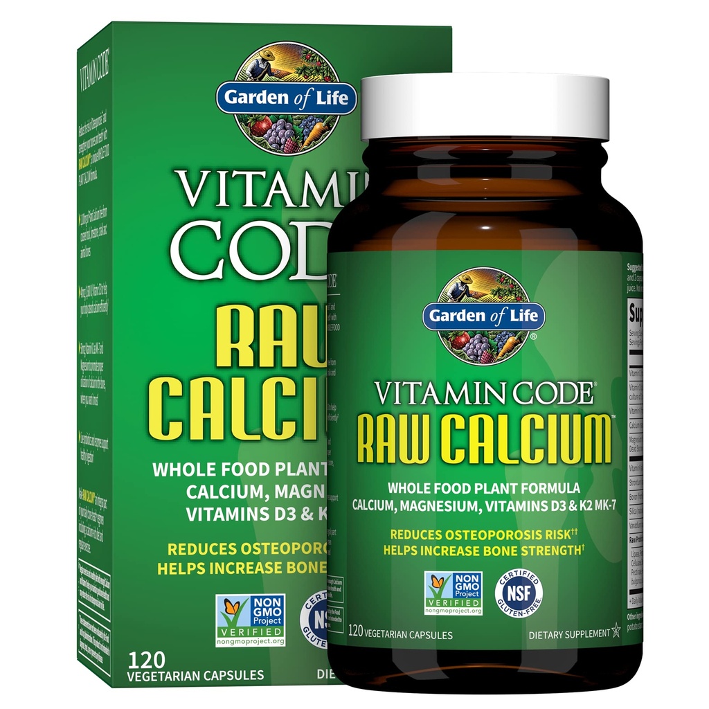 Livshage Rå Kalsium Supplement for kvinner og menn - Vitaminkode laget av hele matvarer med magnesium, K2, vitamin D3 og vitamin C pluss probiotika for digestion, 120 Kapsler