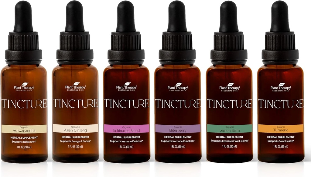 Planteterapi Organiske Tinkturer Nybegynner Sett 30 ml Hver av økologiske Ashwagandha, Asiatisk Ginseng, Echinacea Blande, Elderberry, Lemon Balm & Turmeric