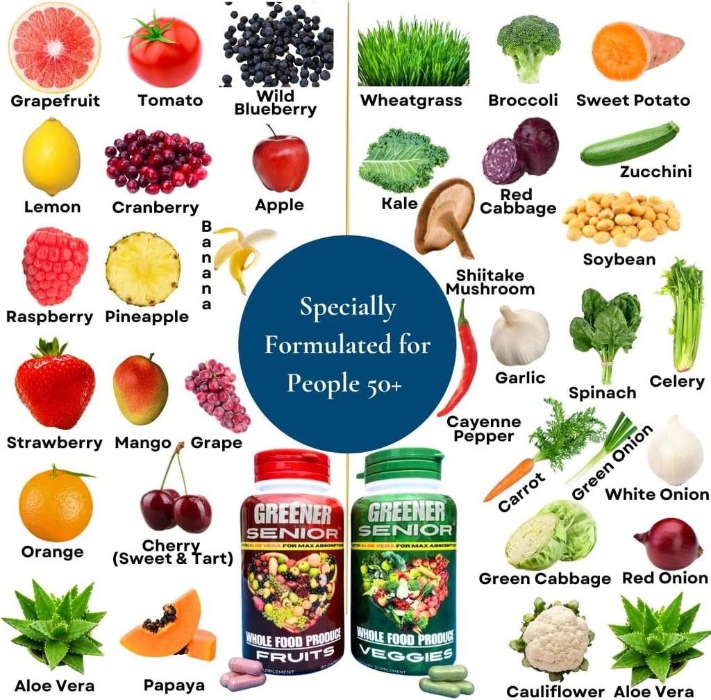 Frukt og Veggie hele mattilskudd - Formulert for eldre for maksimal absorpsjon - 90 fruktkapsler og 90 grønnsaker - 1 sett