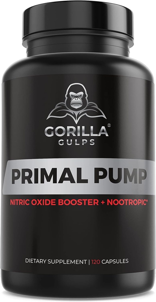Gorilla Gulps - Primal Pump Nitric Oxid Supplement Nootropic 1500mg Nitrosigine L Arginine & Beet Root for muskelvekst, pumper, blodflyt, energi og fokus - Maks styrke pre trening N.O. Booster