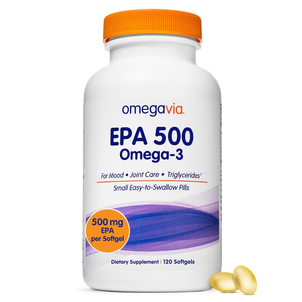 OmegaVia EPA 500, renset Omega-3 Fish Oil Supplement, 500 mg EPA i triglyceridform, Burpless Fish Oil, Ikke-GMO, Glutenfri, IFOS 5-stjerners, 120 Softgels