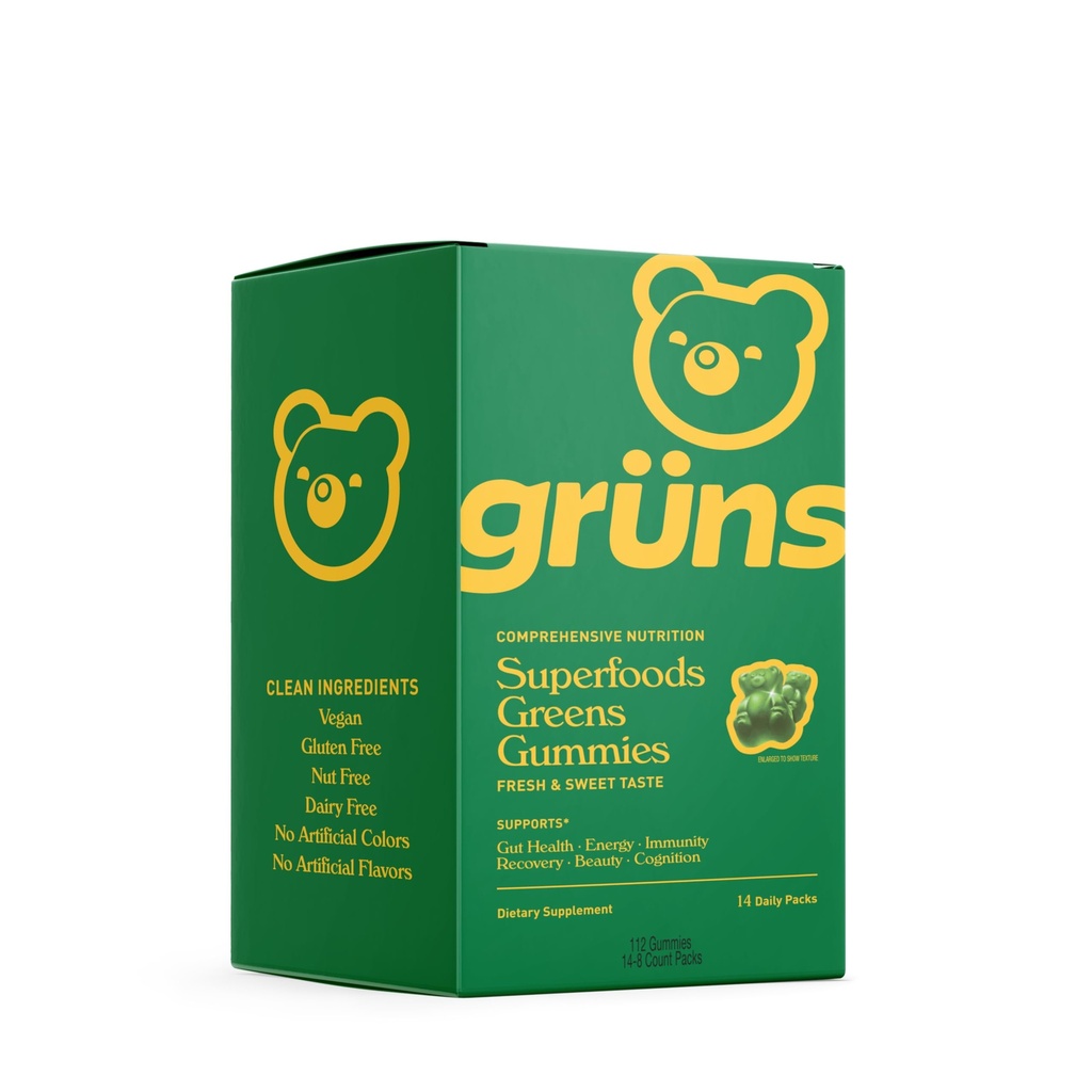 Gruns Super Greens Gummy Bears - Organic Spirulina og Chlorella, Prebiotika for Digestiv Helse, 20+ Vitaminer og Mineraler - 14 poser - 112 Gummies