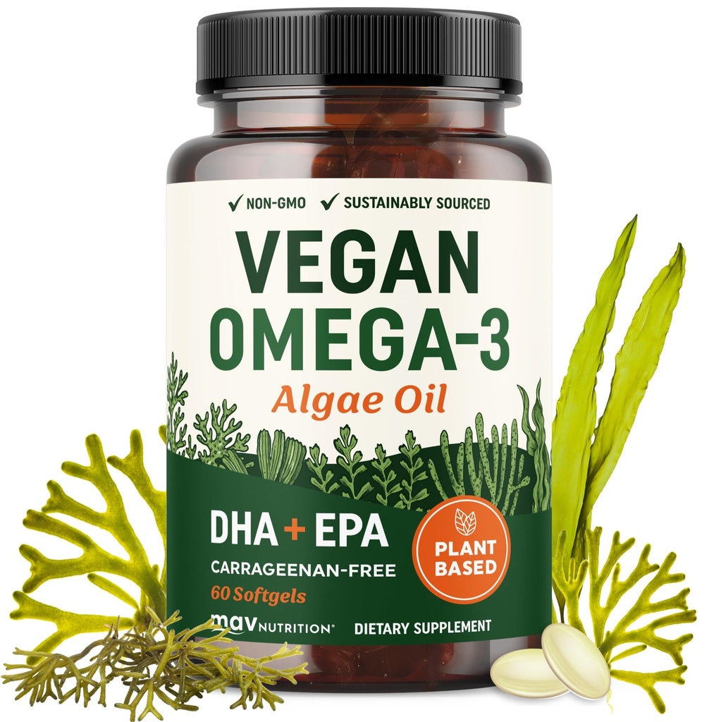 Vegansk Omega 3 Algae Olje | Plante Basert DHA EPA | Ikke Carrageenan, ikke GMO | Hjerte, hjerne og øye helse | Fiskeolje alternativ | Algae Omega 3 Supplement | 60 Softgel kapsler