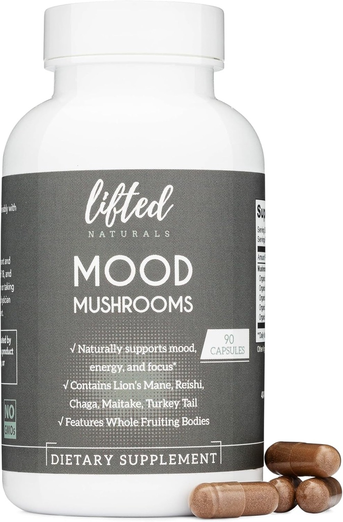 Mood Mushrooms - Heiset Mushroom Supplement - Lion's Mane, Reishi, Chaga, Tyrkia Tail, Maitake - Energi, Fokus, Stress Relief
