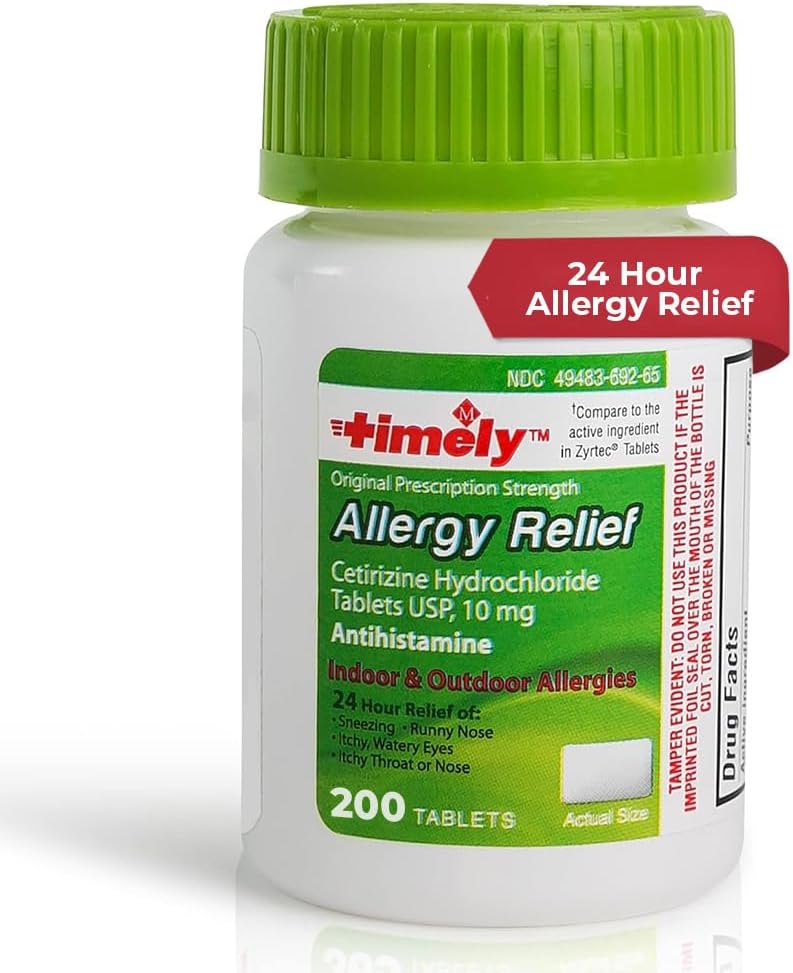 TIME-CAP LABS, INC. Tidlig Cetirizine HCl 10 Mg 200 tabletter - 24-timers allergi relief fra Sneezing, Runny Nese, kløende vanntett øyne, kløende throat, nese - innendørs og utendørs Allergy Medicince