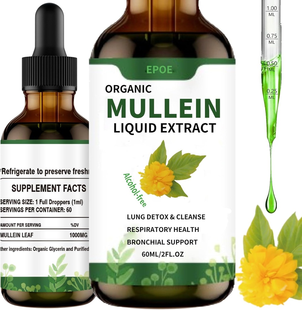 Væskedråper med Mullein Leaf, Mullein Drops for lunger organiske respiratorisk booster alkohol gratis, Lung Cleans for immun- og respiratorisk helsestøtte, Hvit