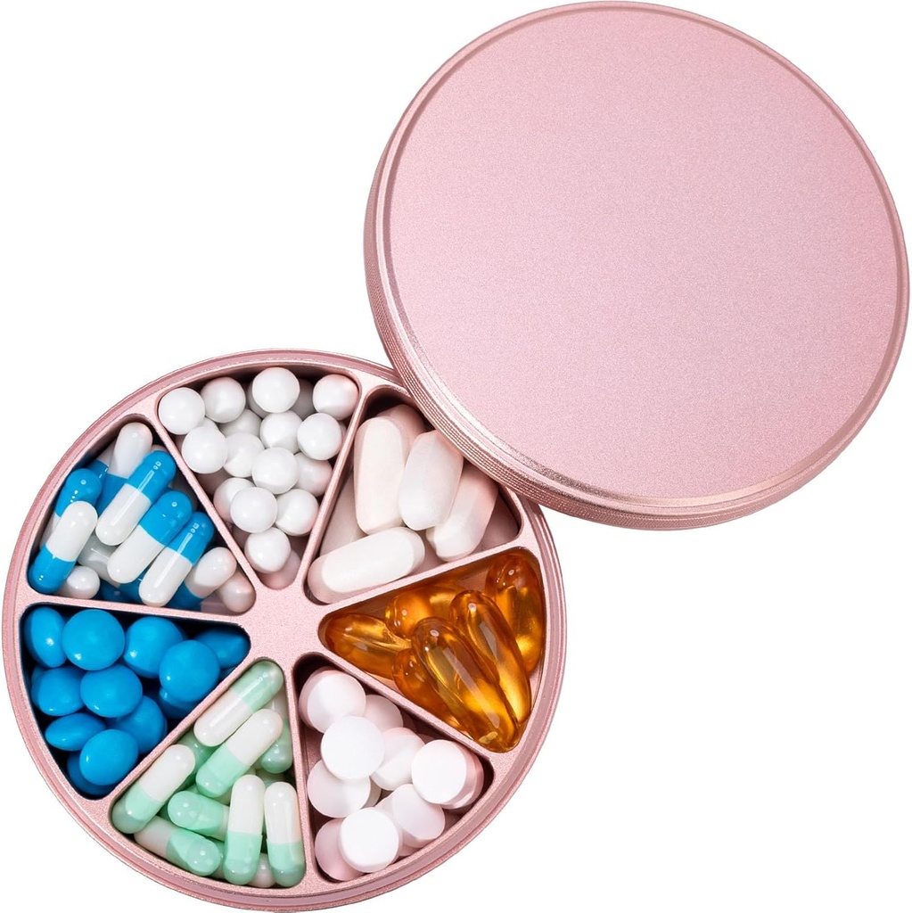 Metall Pill Organizer 7 Compartments Pill Dispenser - Heavy Duty Pill Box Vanntett Pill Container Stor Daglig Pill Case Medisin Holder for Medisinering Vitaminer Fiskeoljer Kosttilskudd, 0,39lb (Pink)