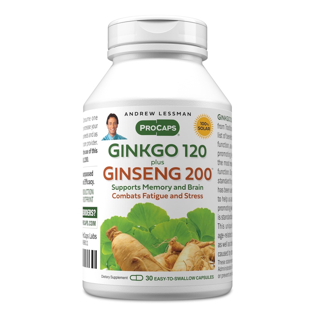 ANDREW LESSMAN Ginkgo 120 Plus Ginseng 200 mg - 30 kapsler - Standardisert ekstrakt blanding for å støtte hjerne, minne og kognitiv funksjon. Adaptogen, bekjemper stress og tretthet. Ingen additiver