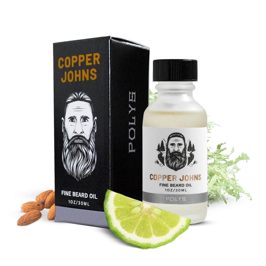 Kobber Johns Premium Beard Olje for menn - Naturlig formel med Jojoba & Castor Olje - Letvekt Ikke-Grazy Beard Moisturizer - Softens, Hydrates & Tames Frizz - Polys-Bergamot & Cherry Almond 1 oz