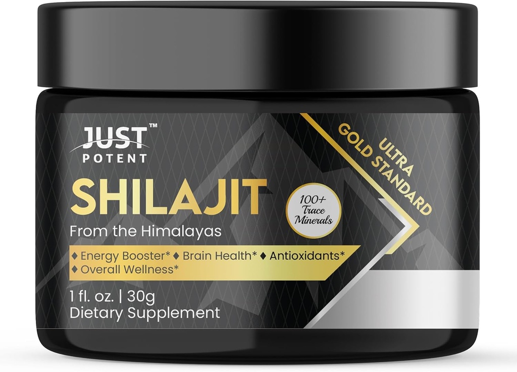 Bare Potent Ultra Gull Standard Shilajit Resin Supplement - 100 + Trace Minerals | 600mg Per Serving, 50 Serveringer | Fulvic & Humic Acids, Hjerne Helse, Antioksidant, Energi og generelle velvære