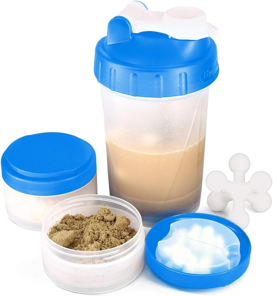 16oz Protein Shaker Flaske med Shaker Ball og 2 lagrings Jars | BPA-fri plastkopp med klar måleskala | Perfekt for proteinblandinger og piller | Bærbar pre-Workout drikkekopp(Blue)