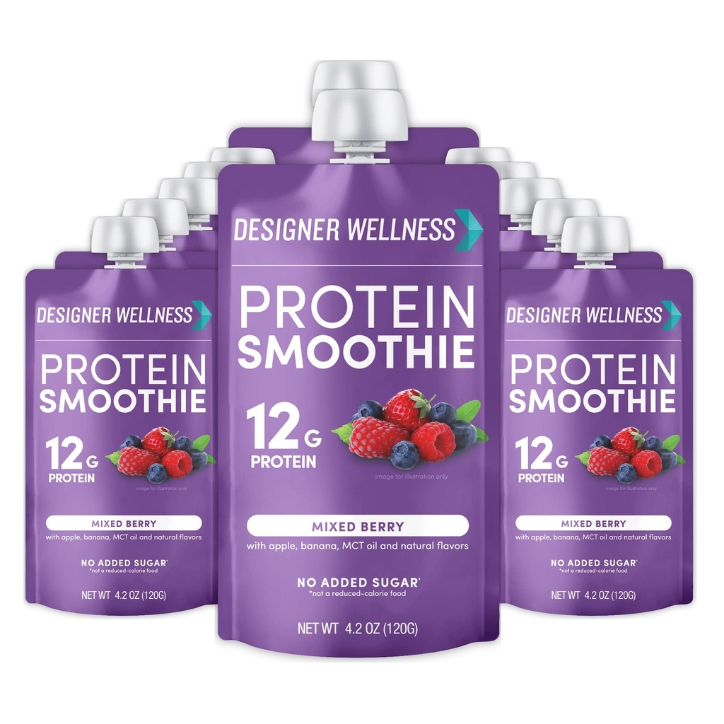 Designer wellness protein smoothie, ekte frukt, 12g protein, lav karbohydrat, null tilsatt sukker, glutenfri, ikke-GMO, ingen kunstige farger eller flavors, blandet berry, 12 greve