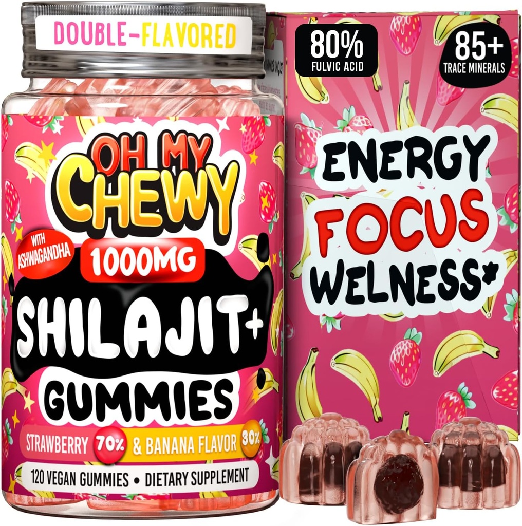 Pure Himalayan Shilajit Gummies - høy potens Gold Grade Resin - Energi Boost og immun støtte for menn og kvinner med Ashwagandha og Shatavari - 120 Gummy - Strawberry & Banan