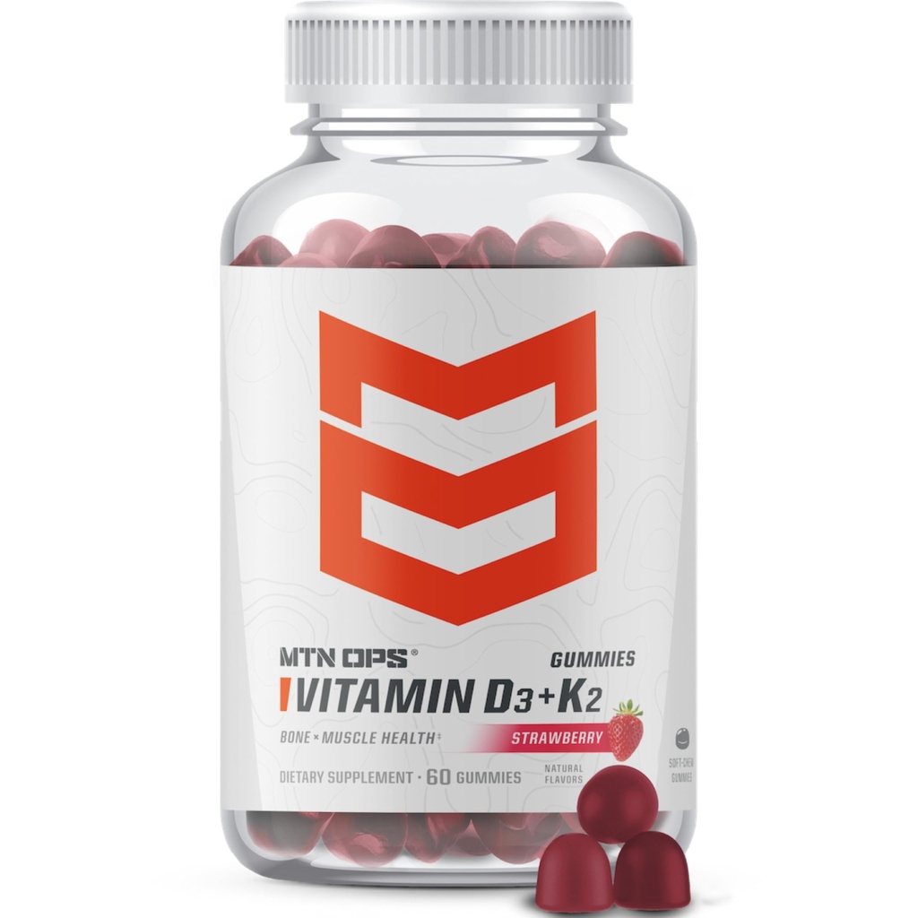 MTN OPS Vitamin D3 K2 Gummies, 5000 IU Vitamin D3 og vitamin K2 MK7, naturlig glutenfri med naturlig jordbærflavor, 60 myk-chew gummies, 60 serveringer per beholder