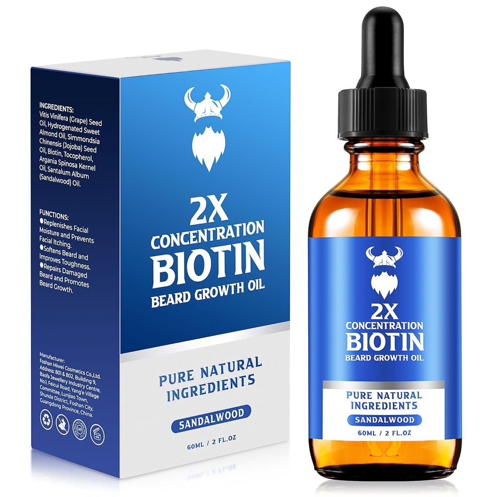 Beard Growth Oil - 2X Konsentrasjon Biotin Beard Olje for menn (2 oz) - Naturlig Mens Beard Oil med Argan olje, Jojoba olje og vitamin, Beard Growth Softener, Moisturizer (Sandalwood)