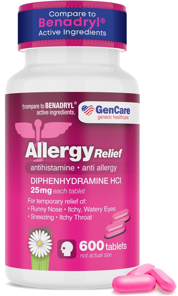 GenCare - Allergy Relief Medisin | Antihistamin Diphenhydramine 25 mg (600 tabletter per flaske) Verdipakke | Relieve for kløende øyne, sensing, Runny Nese | Sesongale eller innendørs og utendørs allergier