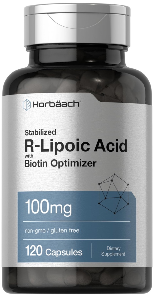 Horbaach R-Lipoic Acid 100 mg | 120 kapsler med Biotin Optimizer | Ikke-GMO, Glutenfri | Stabilisert R-Lipoic Acid Supplement