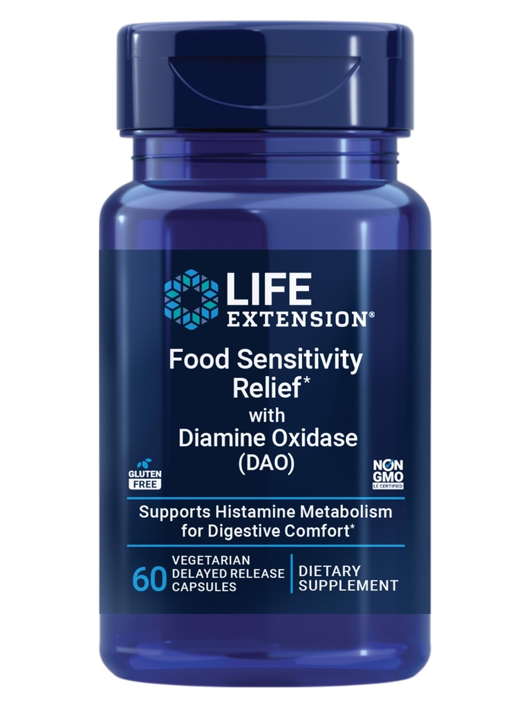 Livsforlengelse Matfølsomhet Relief med diaminoksidase (DAO), Av og til gass, Digestiv komfort, Histaminfølsomhet, DAO Enzym Supplement, Glutenfri, Ikke-GMO, Vegetarisk, 60 Kapsler