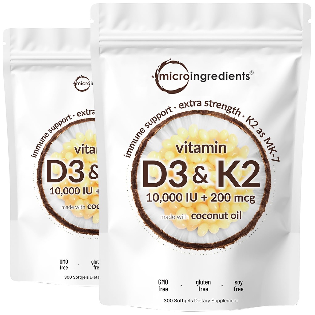 2 Pack Vitamin D3 10000 iu Plus K2 (MK-7) 200 mcg, 300 Jomfru Coconut Oil Softgels | 2 i 1 Vitaminer D & K Complex | støtter kalsiumabsorpsjon, Bein, Immune, og hjerte helse – lett å svelge