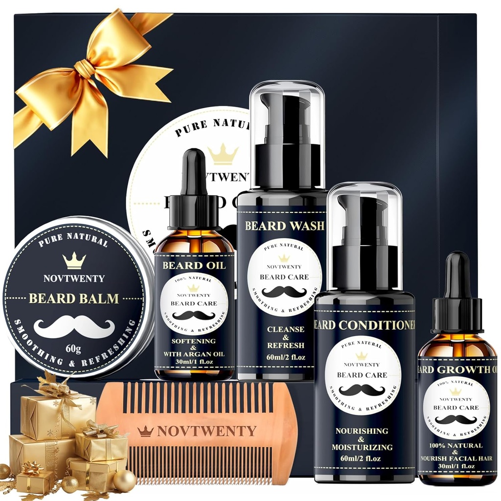 Skjeggvekstsett - 7 stk Kit, Inkluderer vask, olje, balsam, Balm, Comb, Gavebokssett for menn