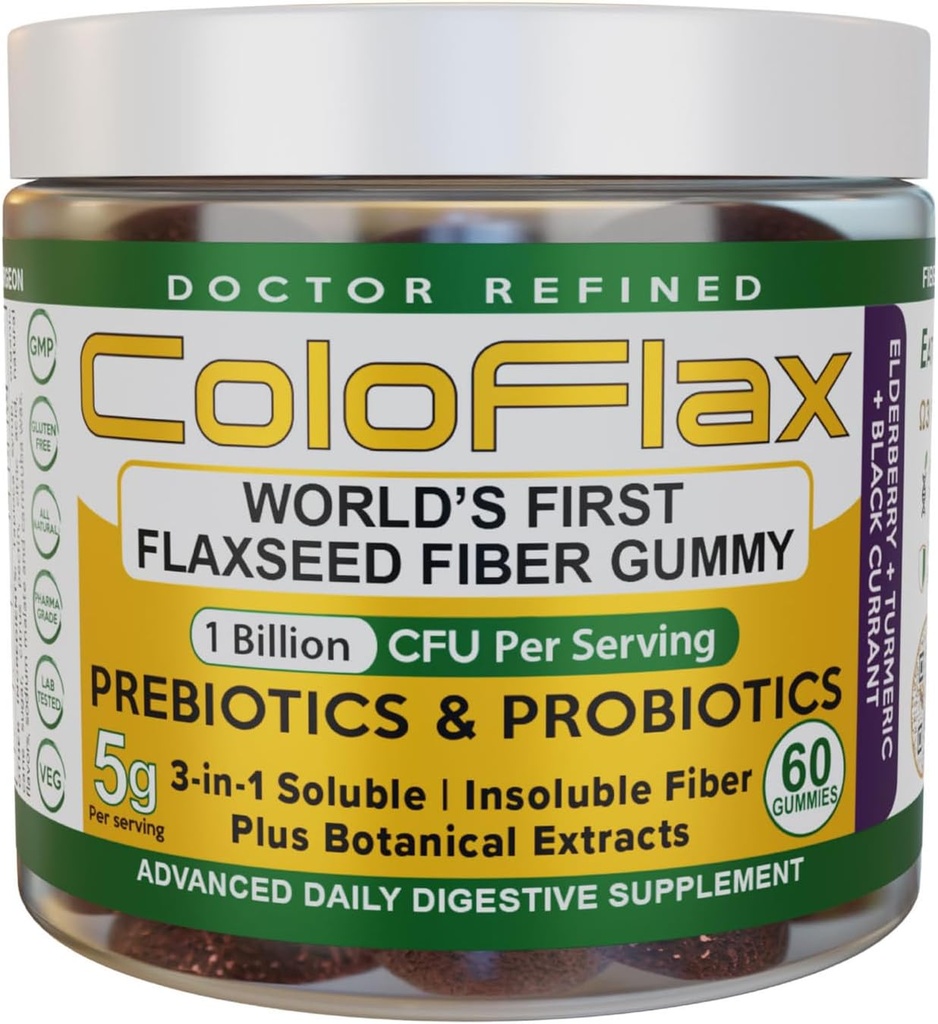 Organic Flaxfrø Fiber + Probiotiske Gummier | Dimensjon Relief & Regelmessighet Uten Kramp for voksne, Oppløselig & Uoppløselig Triple-Fiber Vegan Gummies - 30 Serveringer