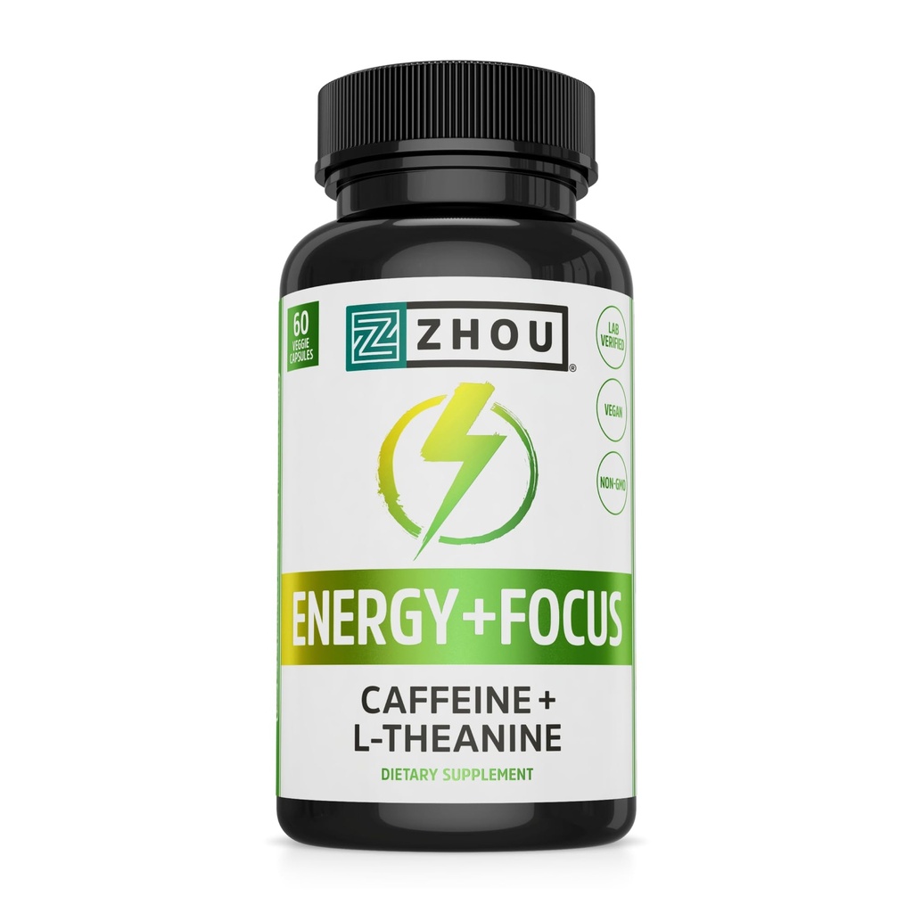 Zhou Energi + Focus - L Theanine Koffein piller, 200 mg L-Theanine, 100 mg naturlig anhydrous koffein Boost for voksne, menn og kvinner, langsom utvidet utgivelse - 60 vegetariske kapsler (pakke med 1)