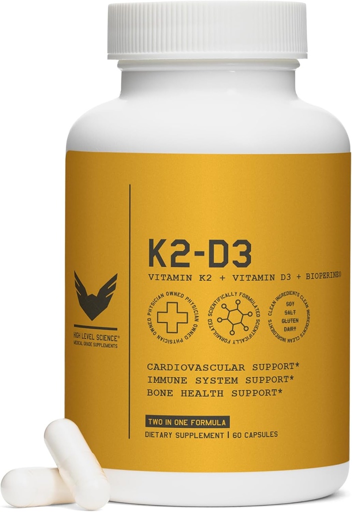 Høyt nivå K2D3, vitamin K2 & D3 Supplement med BioPerine Black Pepper, Dual Action Complex for hjerte, Bein, Immunstøtte, 5000 IU D3, 100 mcg K2, Vegetarisk, 60 Vegetariske kapsler
