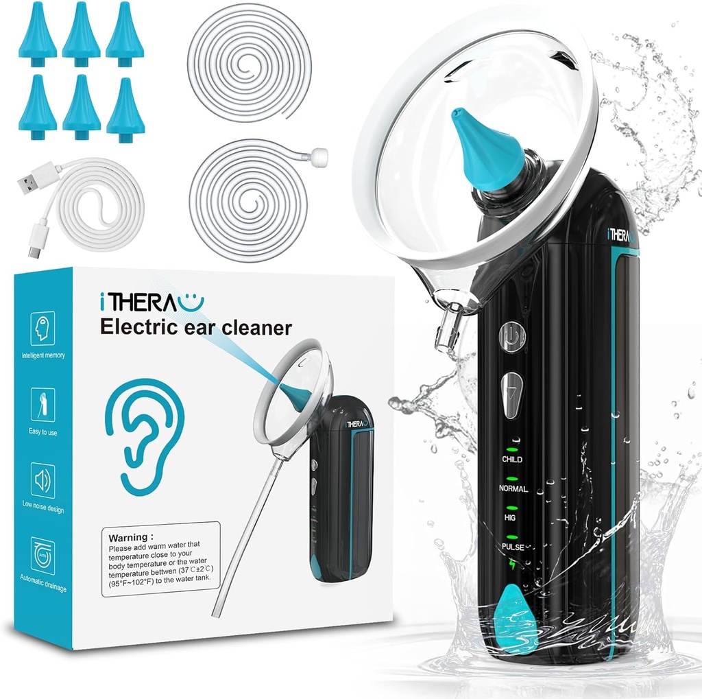 iTHERAU Vaske ørerenser vanndrevet ørerenser elektrisk ørerensersett med 4 trykkmoduser Sikker og effektiv ør Irrigation Flushing Kit med 6 Spray Nozzle